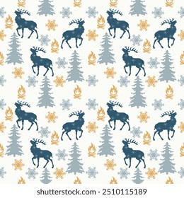 
Deer seamless pattern silhouette style with trees and snowflakes
