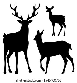 Deer. Set. Black silhouette red deer on white background. Vector illustration.