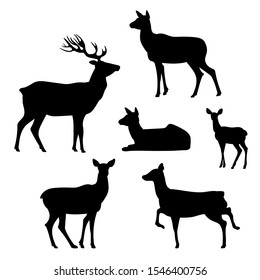 Deer. Set. Black silhouette red deer on white background. Vector illustration.