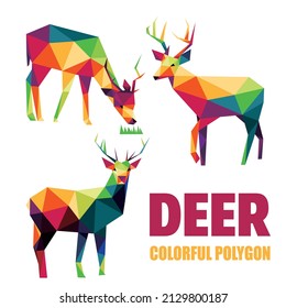 Deer Set in Colorful Polygonal Low poly. Eating Deer Colorful Abstract. Collection of Deer Colorful Logo