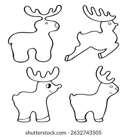 Deer set. Hand drawn vector illustration. Forest animal with antlers. Doe, elk, wapiti, maral. Doodle outline line art group of elements.