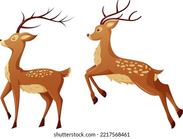 Deer set, jumping and standing Christmas deer in cartoon style isolated