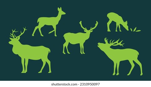 Deer set in vector. Isolated deer silhouettes in flat style.