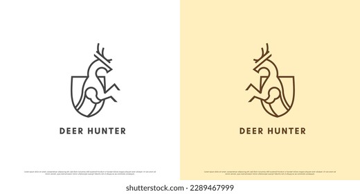 Deer shield heraldic logo design illustration. creative deer horn moose ruminant royal luxury elk shield guard antelope gazelle silhouette icon. Minimalist deer outdoor park  wildlife emblem badge.