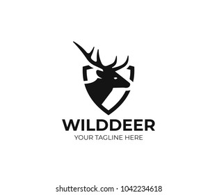 Deer and shield logo template. Stag vector design. Elk logotype