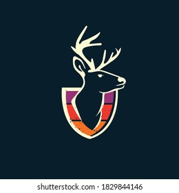 Deer shield and sunset background in vintage style logo