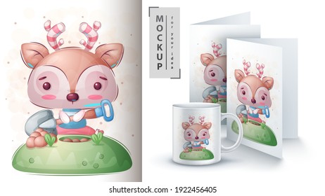 Deer with showel - poster and merchandising. Vector eps 10