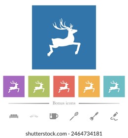 Deer side view solid flat white icons in square backgrounds. 6 bonus icons included.