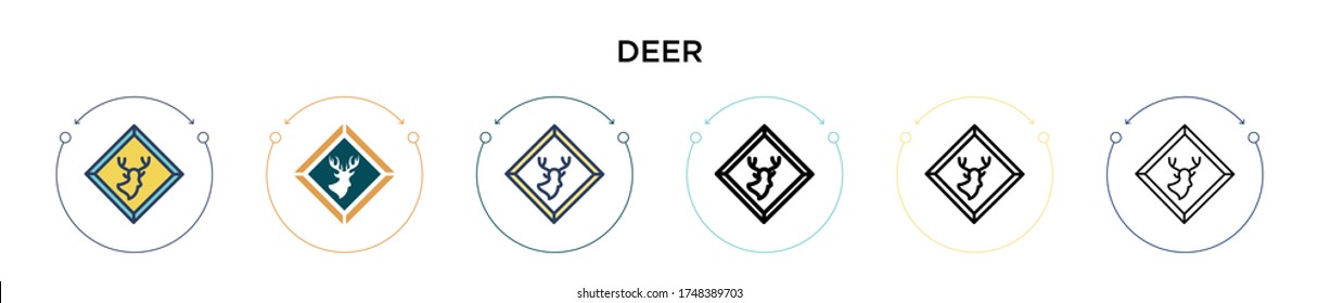 Icono de signo de ciervo en estilo relleno, delgado, contorno y trazo. Ilustración vectorial de dos iconos vectoriales coloreados y negros se pueden utilizar para móviles, ui, web