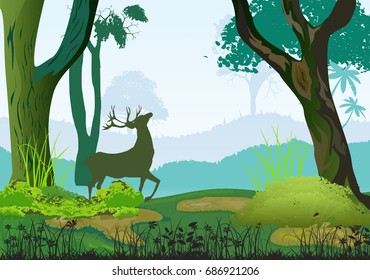 Deer silhlouette in forest, forest wildlife landscape silhouette