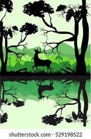 Deer silhouette and black vector tree silhouettes reflected in water, green forest in background, vector illustration.