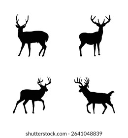 Deer silhouette bundle featuring graceful standing, running, and jumping stag poses. Includes elegant black vector deer illustrations ideal for wildlife art, hunting decor, and forest themes.