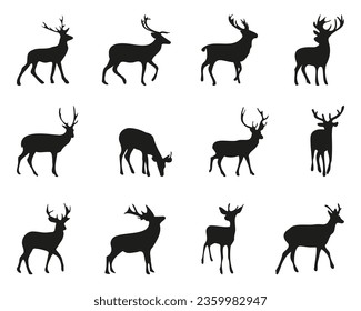 Deer silhouette collection. Christmas deer icons in black. Black deer silhouette for Christmas decoration and design