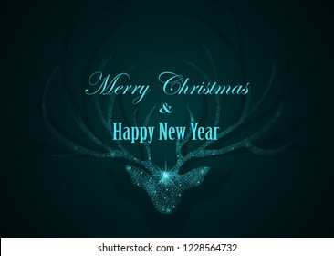 Deer silhouette consists of light points and text Merry Christmas and Happy New Year on dark background. Vector illustration.