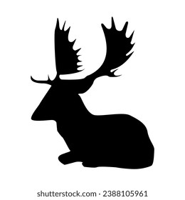 Deer silhouette editable vector isolated over white background.Graceful deer calmly taking rest on ground.Deer symbol vector for fantasy art and wildlife related projects.Antler buck icon eps10.
