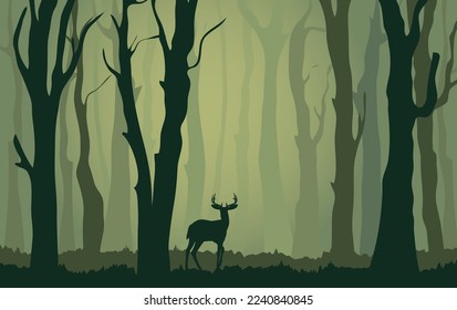 Deer silhouette in forest. Deer silhouette with forest background	