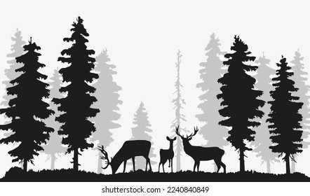 Deer silhouette in forest. Deer silhouette with forest background	