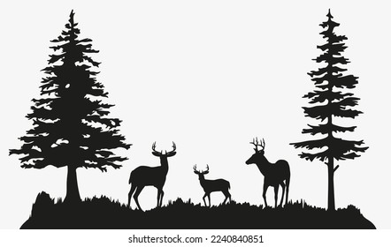 Deer silhouette in forest. Deer silhouette with forest background	