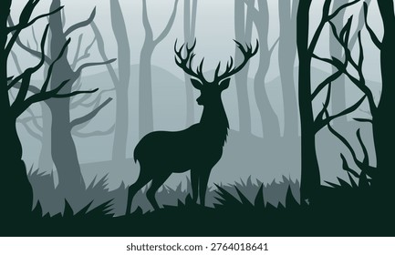 Deer Silhouette Forest Mist Nature Landscape Illustration