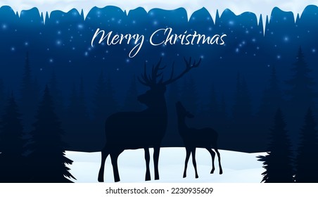 Deer silhouette in the forest with snow in winter season, Merry Christmas and happy new year. Vector paper art and digital craft style. Night blue sky with snowflakes, snowy scene with icicles drips.