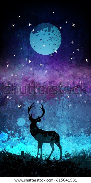 月と星で明るい夜空の前にシカのシルエット のベクター画像素材 ロイヤリティフリー