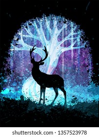 Deer silhouette in front of magic surreal tree in the night. Grunge vector illustration. Suits for poster or background