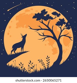 Uma silhueta de veado uiva em uma lua grande e brilhante ao lado de uma árvore com silhueta.
