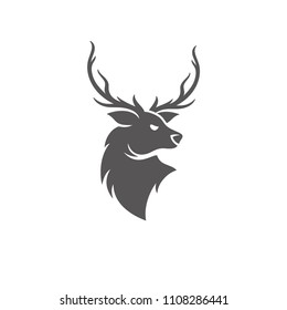 Deer silhouette isolated on white background vector illustration. Deer head with horns vector graphic emblem.