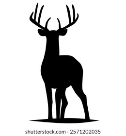 Deer silhouette isolated on white. Ruminant animal with long legs, large hooves, and antlers.