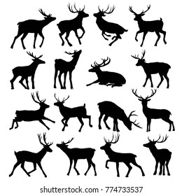 Deer silhouette isolated on white background. Vector, animal, deer, mammal, silhouette, vector, beautiful forest illustration isolated black and white elk horns