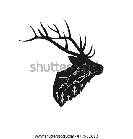 Deer silhouette with linear mountain landscape. Wildlife vector illustration
