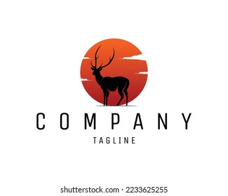 deer silhouette logo showing from side with sunset view. best for badge, emblem and animal industry.
