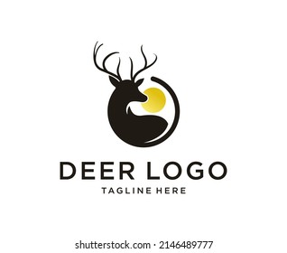 Deer silhouette logo with sun design vector template