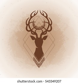 Deer silhouette with moon over its head. Vector graphic isolated illustration in vintage colors. Can be used as blackwork tattoo art, print or t-shirt design