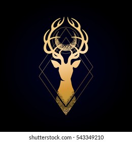 Deer silhouette with moon over its head. Vector graphic isolated illustration in golden colors. Can be used as blackwork tattoo art, print or t-shirt design