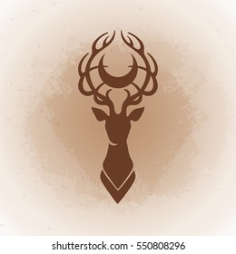Deer silhouette with moon over its head. Vector graphic isolated illustration in vintage colors. Can be used as blackwork tattoo art, print or t-shirt design