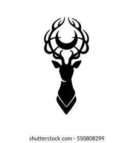 Deer silhouette with moon over its head. Vector graphic illustration isolated on white background. Can be used as blackwork tattoo art, print or t-shirt design
