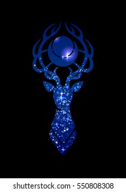 Deer silhouette with moon over its head filled with starry skies. Can be used as blackwork tattoo art, print or t-shirt design