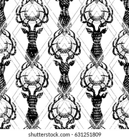 Deer silhouette with moon over its head. Vector seamless pattern
