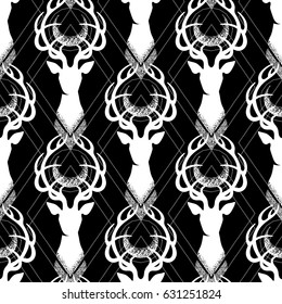 Deer silhouette with moon over its head. Vector seamless pattern