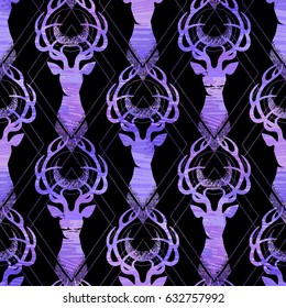 Deer silhouette with moon over its head. Vector seamless pattern