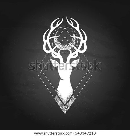 Deer silhouette with moon over its head. Vector graphic illustration isolated on the chalkboard. Can be used as blackwork tattoo art, print or t-shirt design