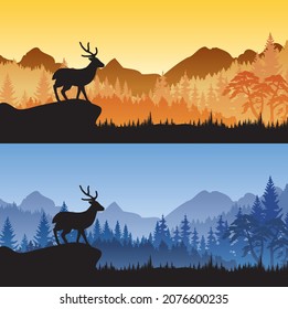 Deer Silhouette Mountain Landscape Background Vector Stock Vector