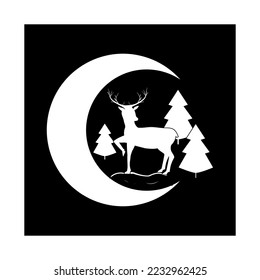 Deer silhouette on the background of the moon. Monochrome template for prints, card, poster, banner. Illustration for logo, banner, tattoo, etc. Vector.