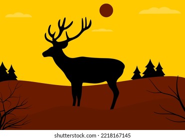 Silhouette de ciervos sobre el paisaje de fondo. Estilo plano. Ilustración del vector 