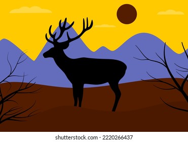 Deer silhouette on landscape background. Flat style. Vector illustration 