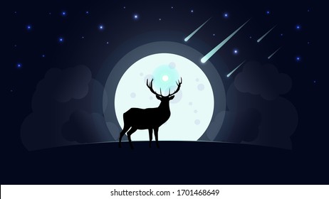 Deer silhouette on moon with falling star at starry night