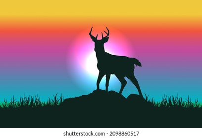 Deer silhouette on rainbow landscape background illustration. Vector graphic eps 10.
