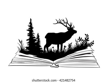 Deer silhouette in the open book. Vector illustration