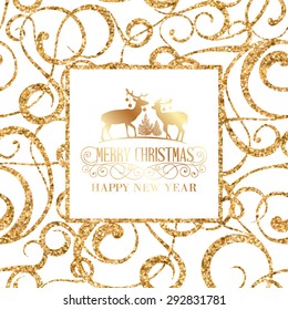 Deer silhouette over golden christmas frame. Vector illustration.